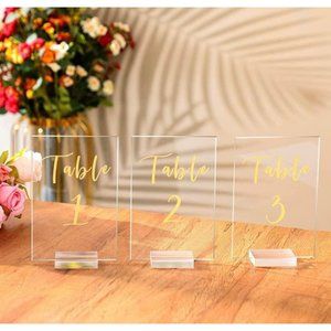 25 count Acrylic Table Number Signs with Stands 4x6 inch Gold Wedding Decor New